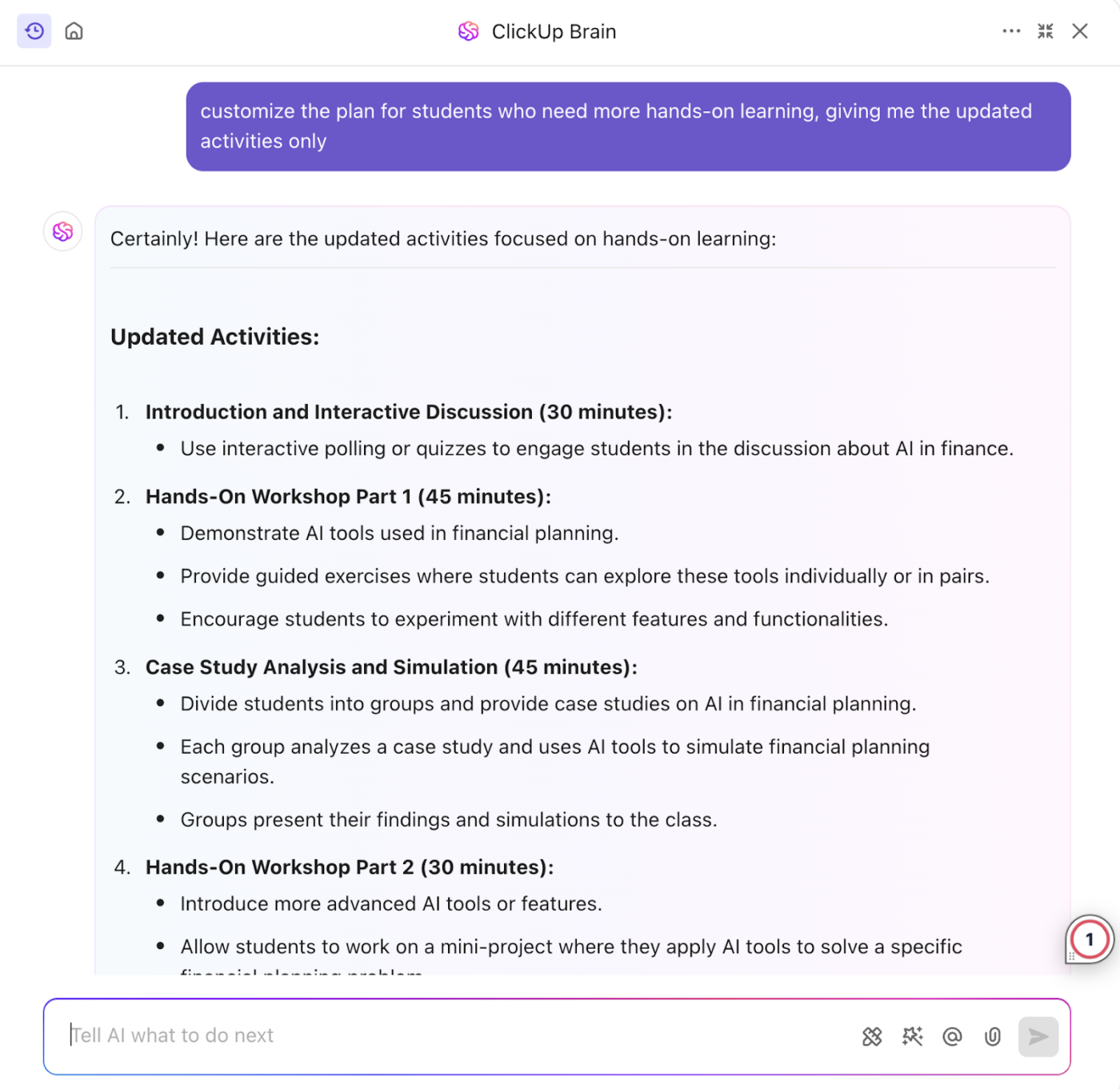 ClickUp Brain: ChatGPT lesson plan