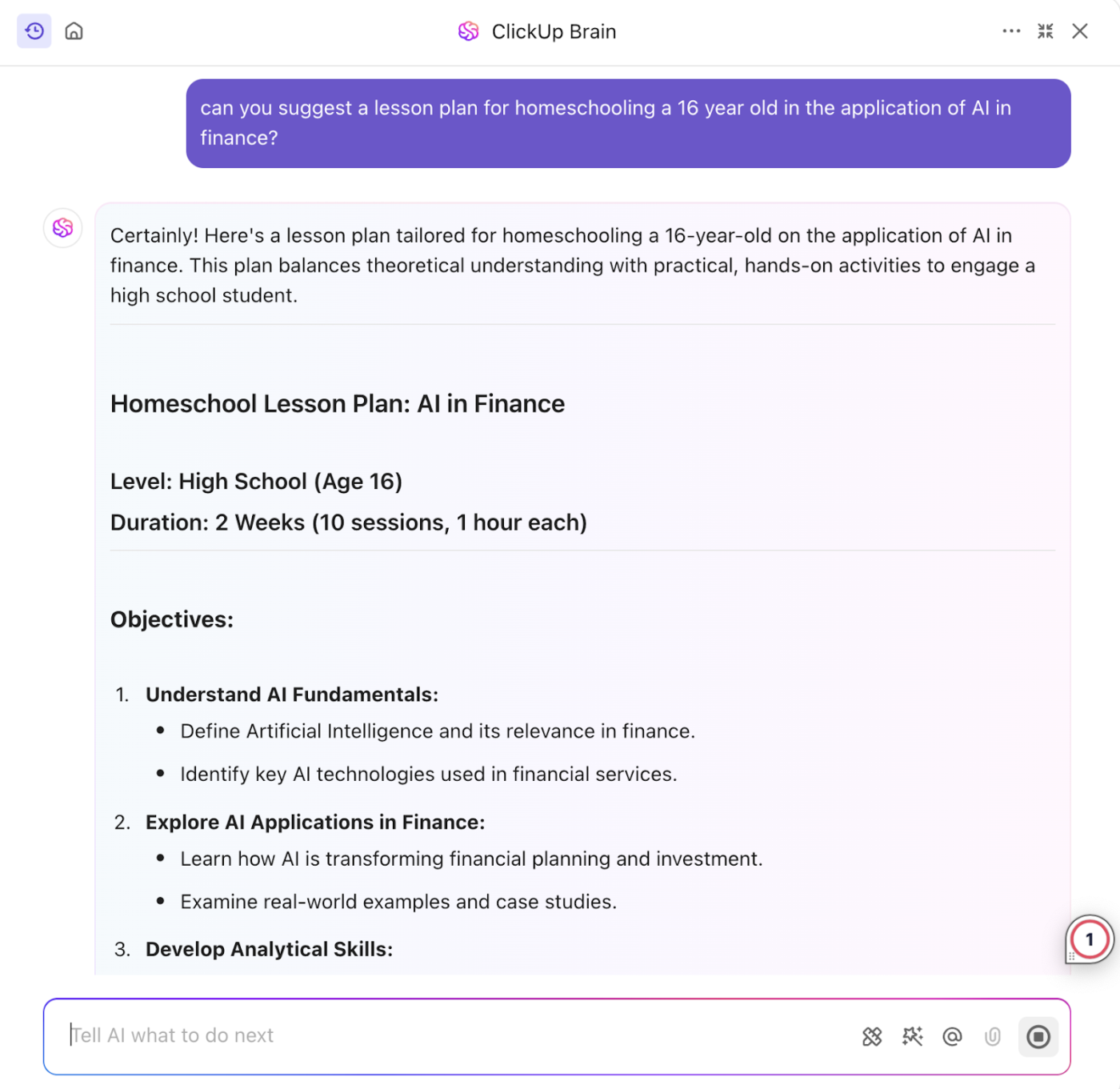 ClickUp Brain: ChatGPT lesson plan