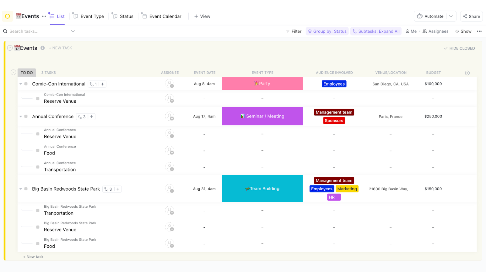 Marketing Budget Template: ClickUp Event Budget Template