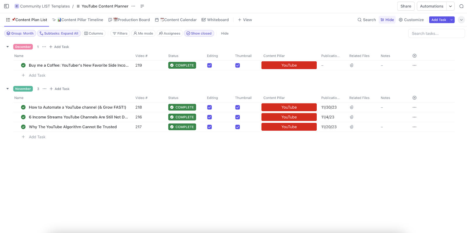 ClickUp YouTube Content Planner Template