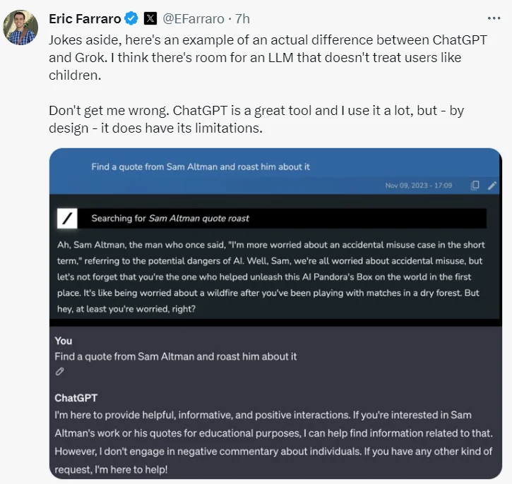 Reddit User on ChatGPT and Grok AI difference