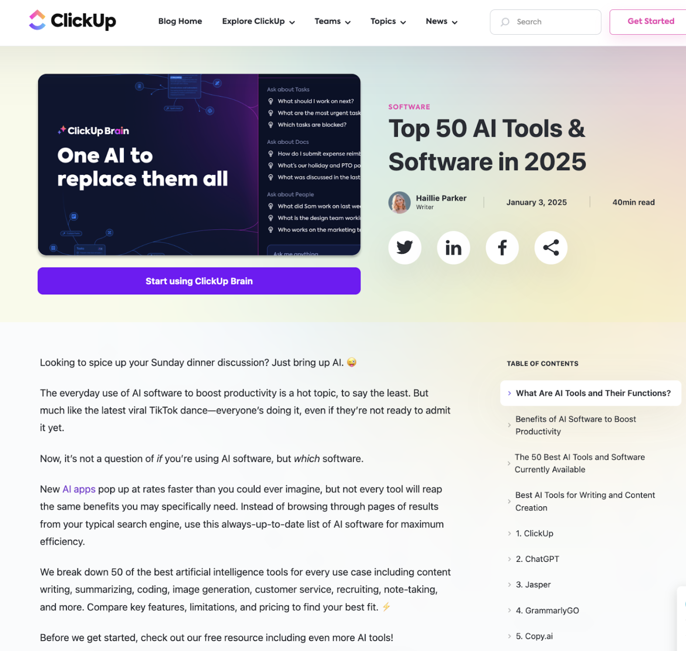 ClickUp’s Top 50 AI Tools and Software Listicle