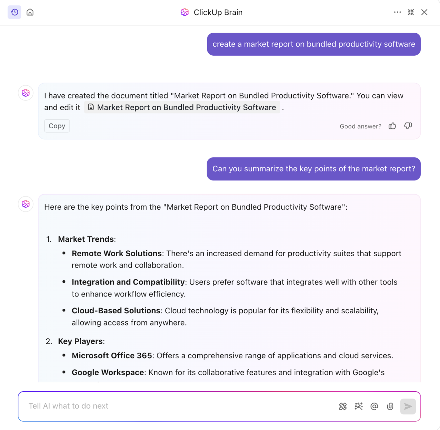 ClickUp Brain: marketing research process