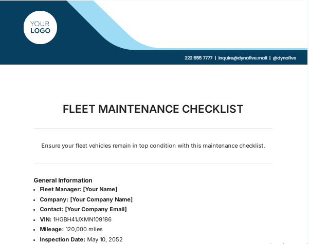 Fleet Maintenance Checklist Template 