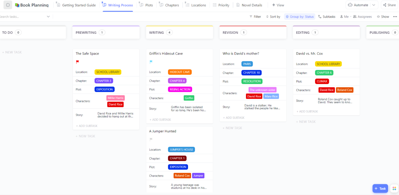 Book writing software: ClickUp's Book Planning Template