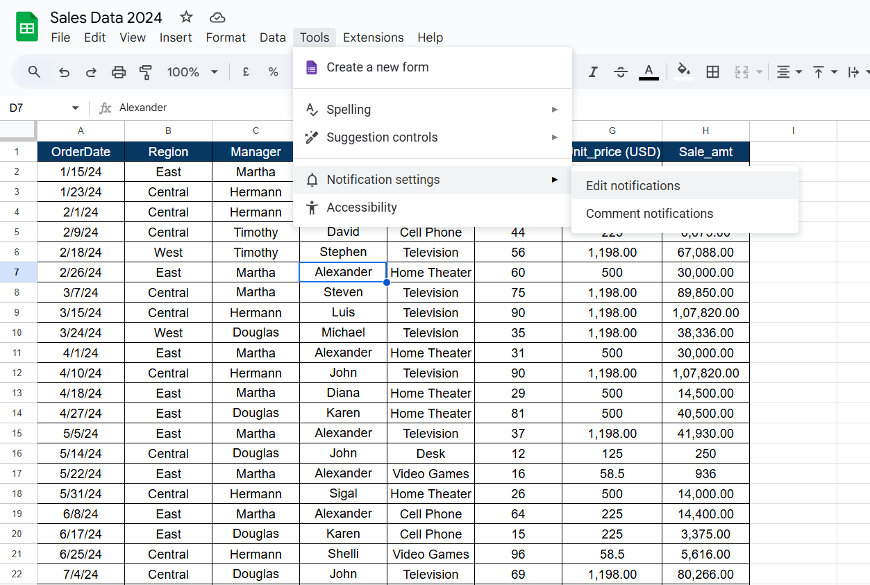 Notification settings in google sheet