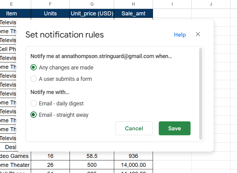 Notification rules in google sheets