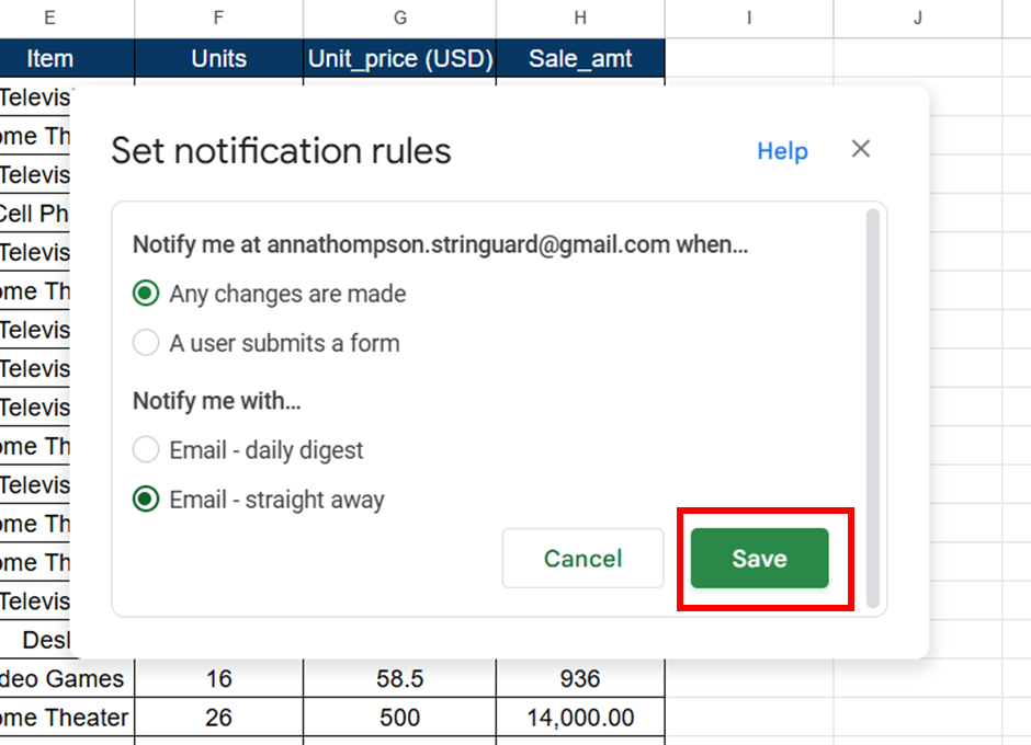 Email alerts in google sheets