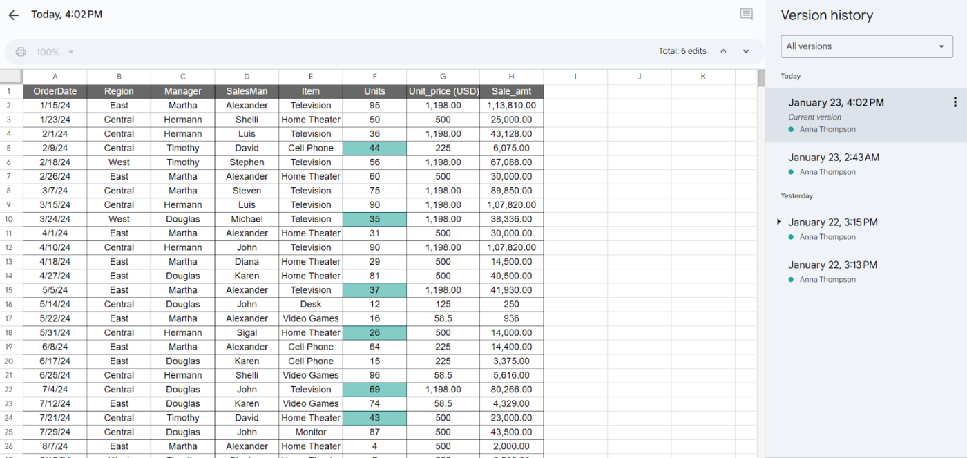 Past version history: how to track changes in google sheets