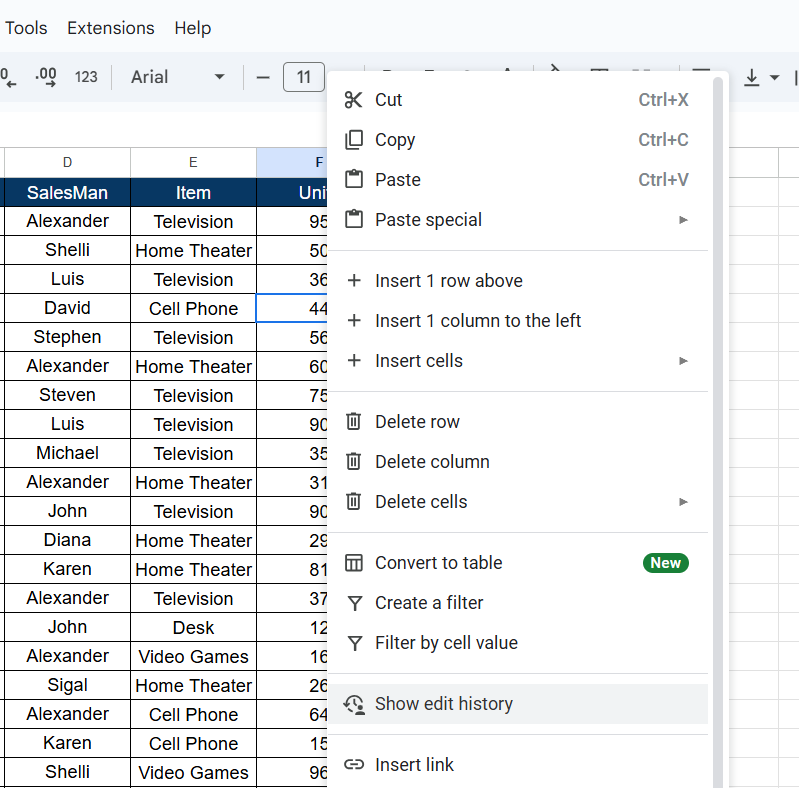 Edit history: how to track changes in google sheets