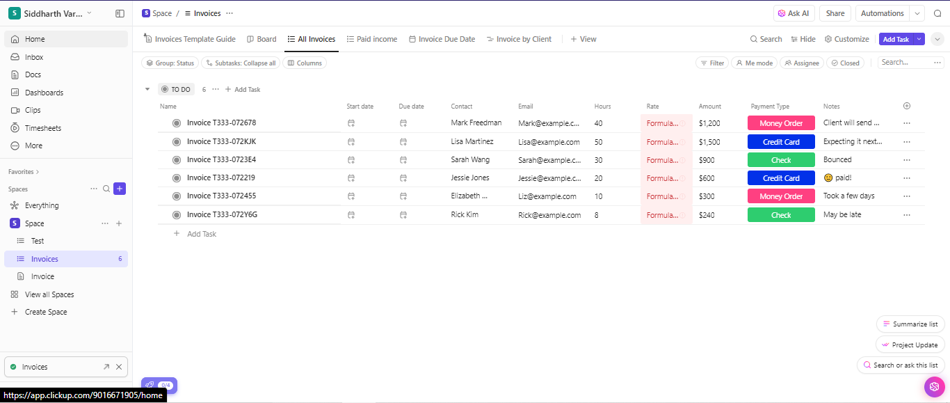 ClickUp Invoice Tracking Template