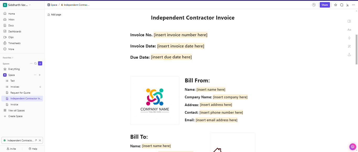 ClickUp Independent Contractor Invoice Template