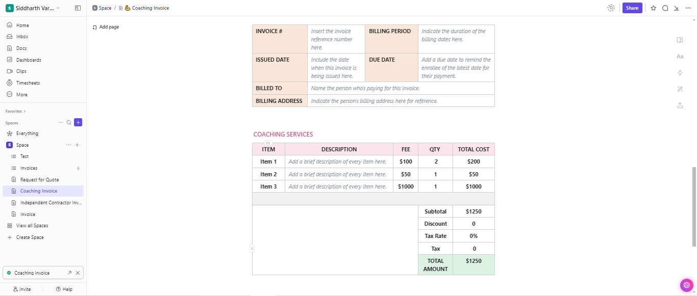 Receipt Templates Word: ClickUp Coaching Invoice Template