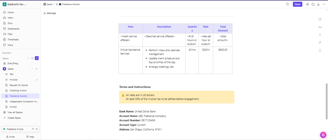 ClickUp Freelance Invoice Template