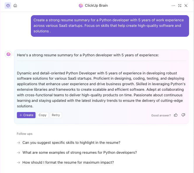 ClickUp Brain to create a technical resume summary