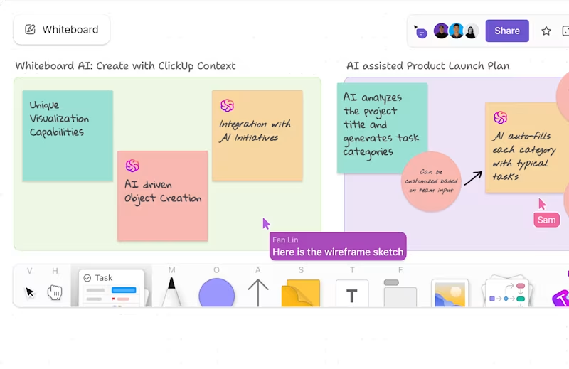 Use ClickUp Whiteboards for real-time brainstorming and seamless collaboration