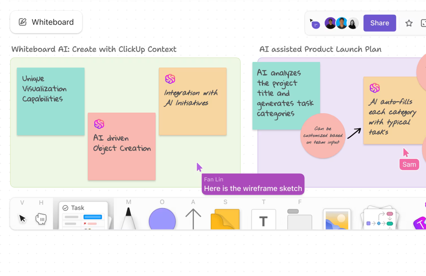 ClickUp Whiteboards to brainstorm ideas and visualize organization network