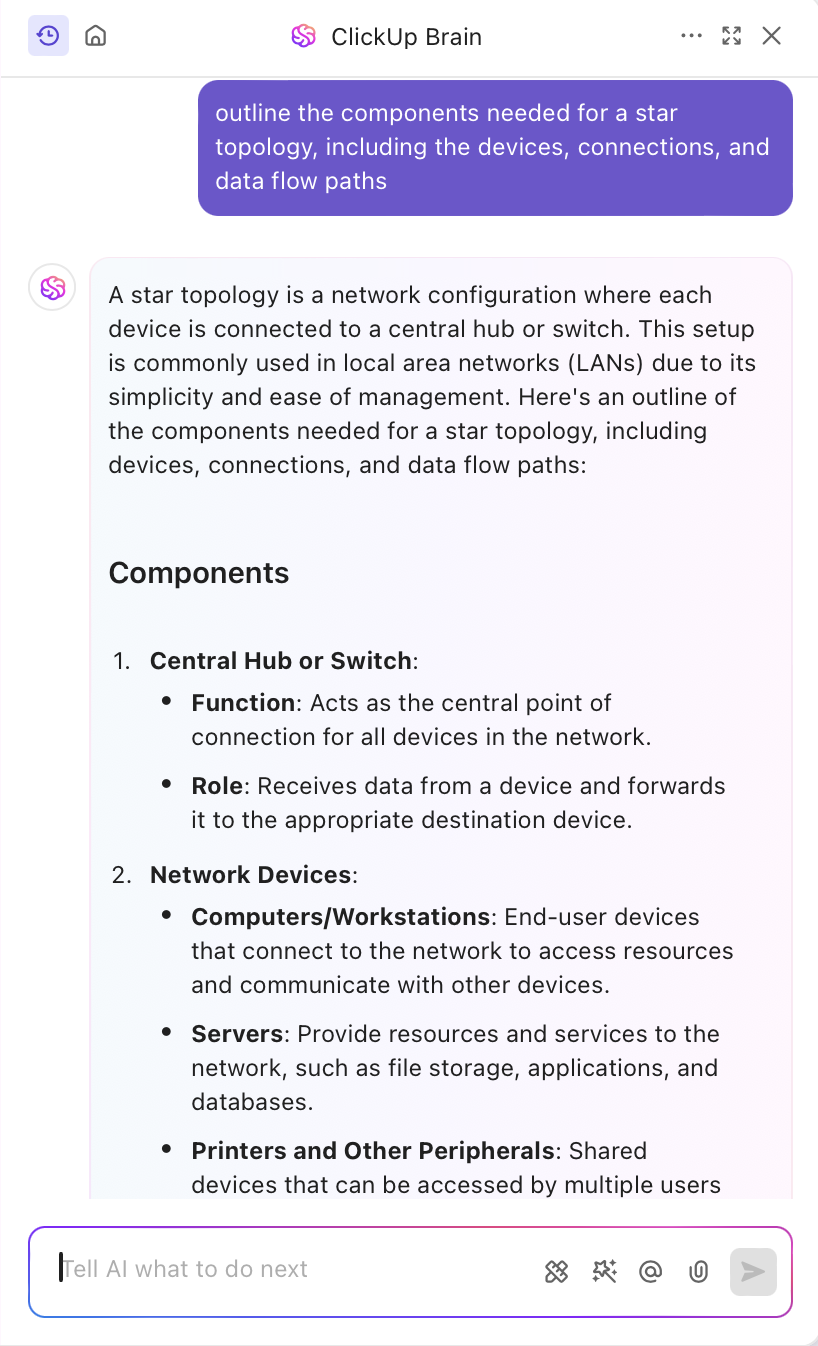 ClickUp Brain to get a list of components for network topology diagram