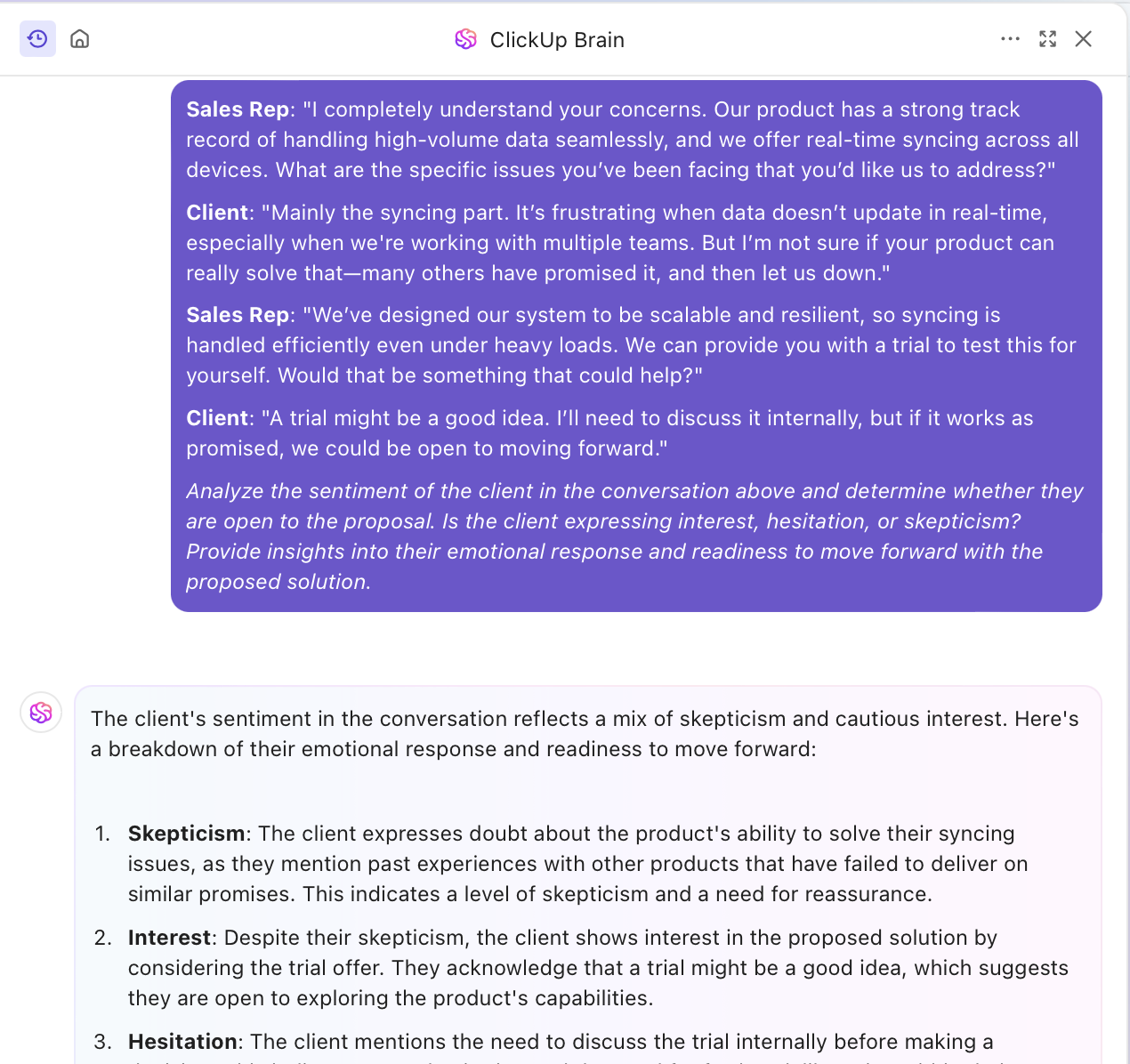 Get detailed insights into discovery meetings with ClickUp Brain and create follo-up actions items