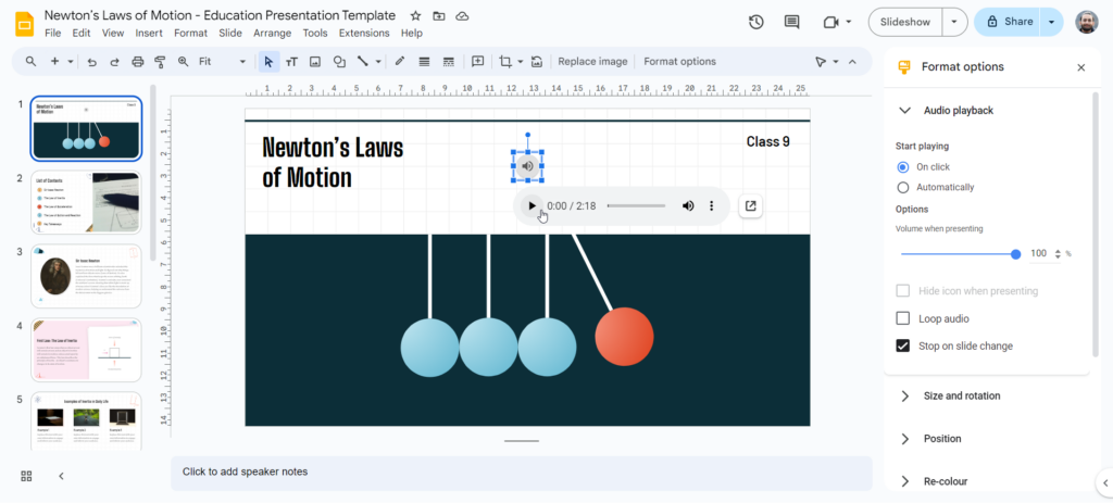 How to add voice over to Google Slides: Customize playback settings