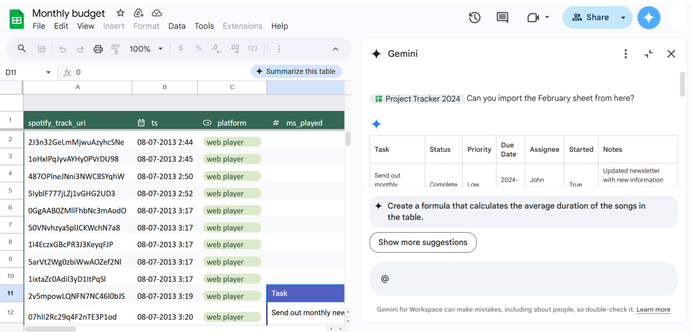 Gemini can also create formulas