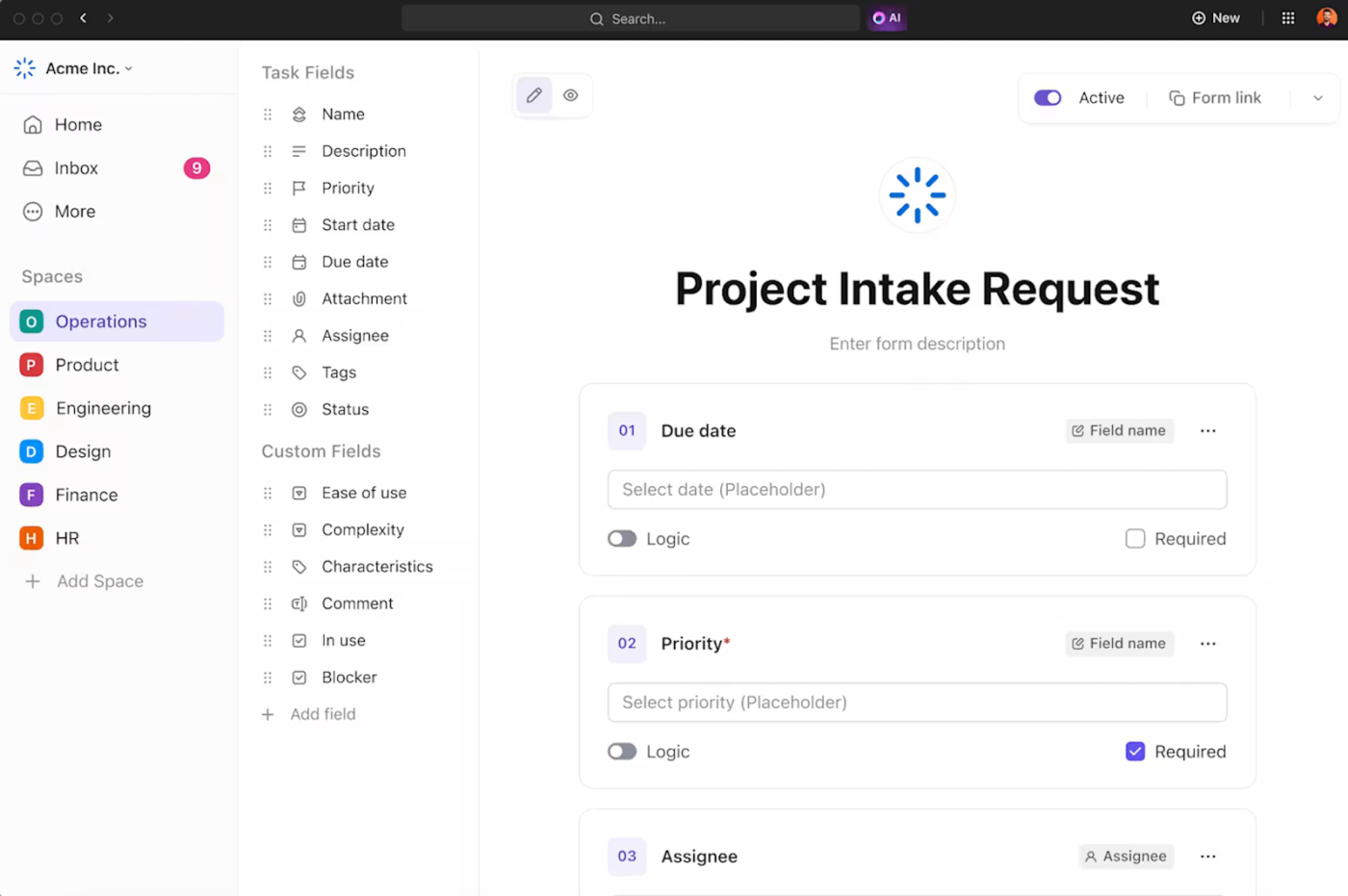 Project intake Software : ClickUp Form View