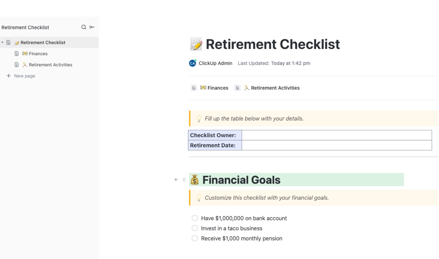 ClickUp Retirement Checklist Template