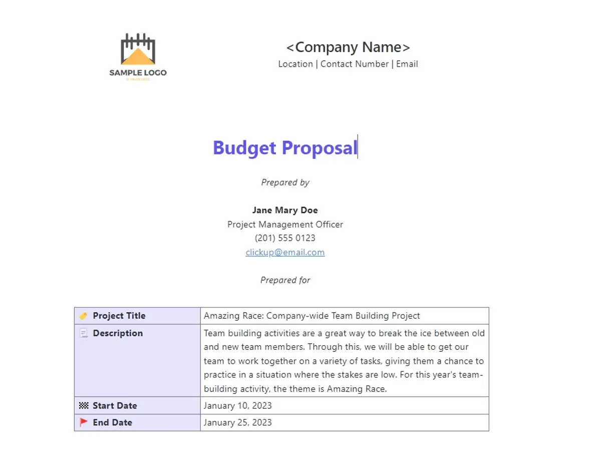  Purchase Requisition Form Template
 : ClickUp Budget Proposal Template
