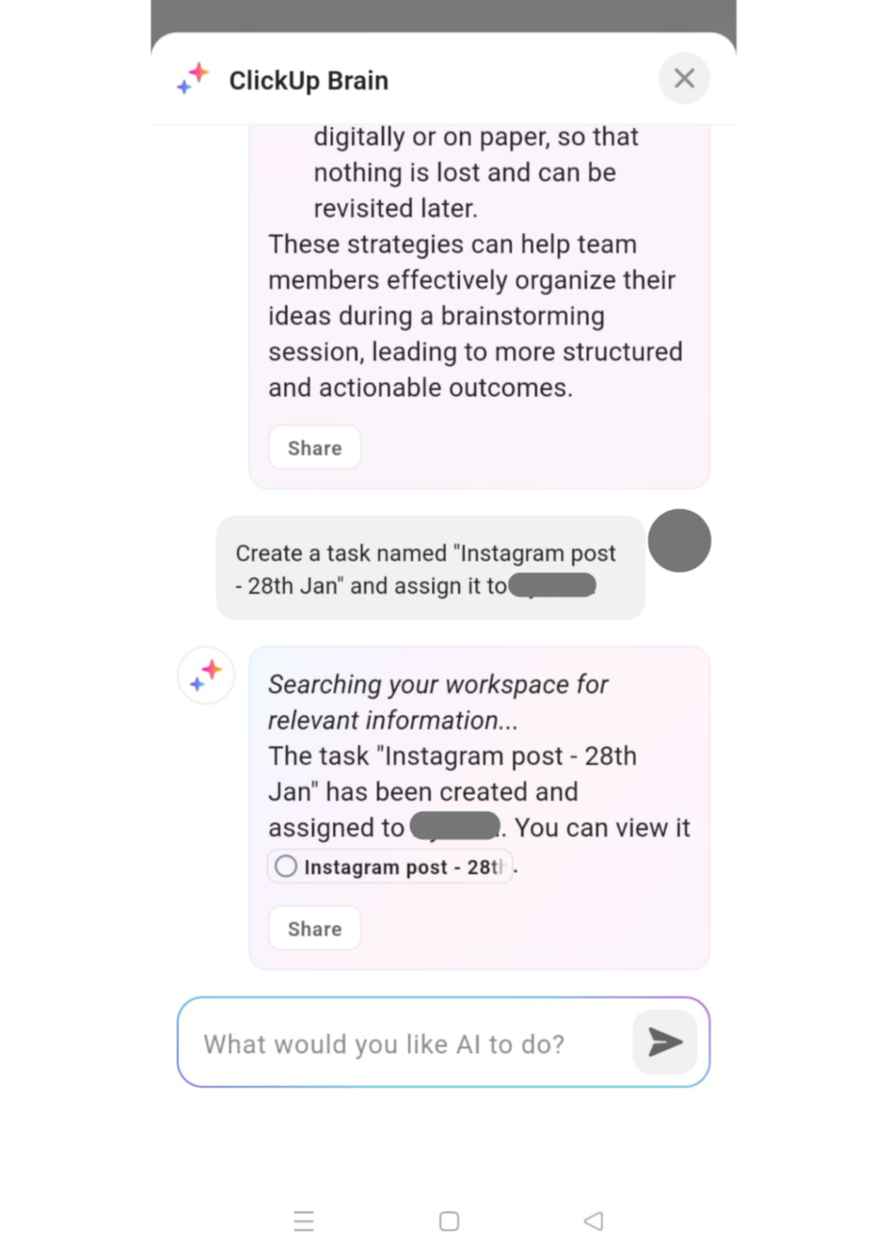Ask Brain to create and assign tasks within the workspace: how to use gemini on android