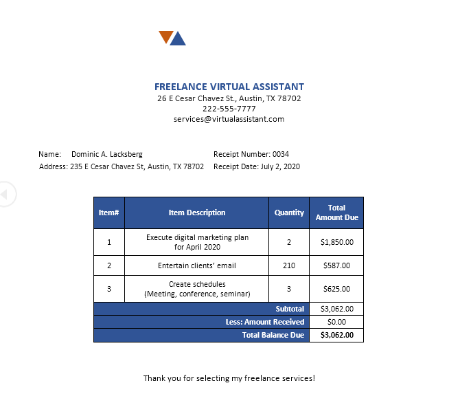 Freelance Receipt Template by Template.Net