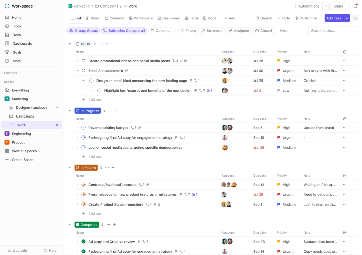 Interface do usuário do ClickUp apresentando recursos de gerenciamento de projetos