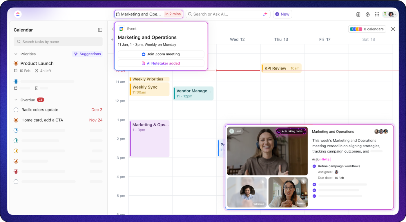 ClickUp AI Notetaker và Lịch: Đồng bộ hóa lịch với ghi chú cuộc họp
