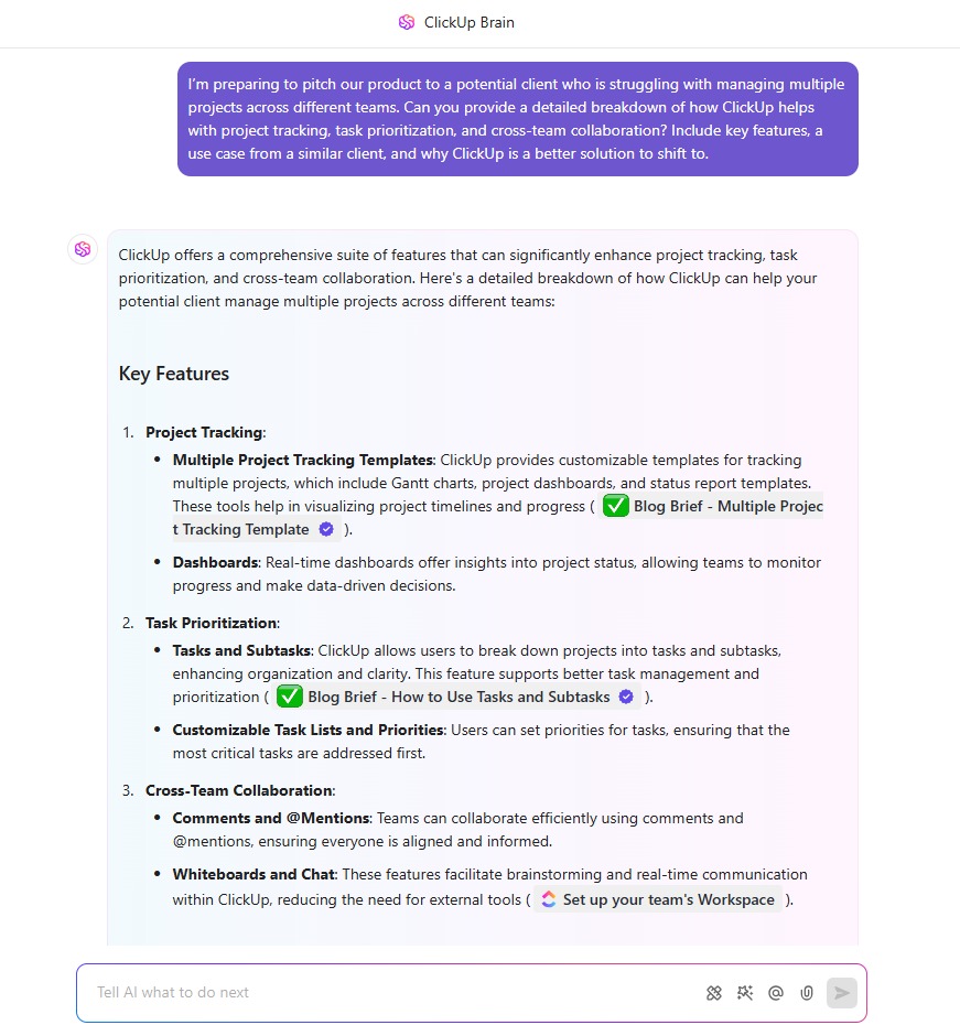 ClickUp Brain : wiedza o produkcie w sprzedaży