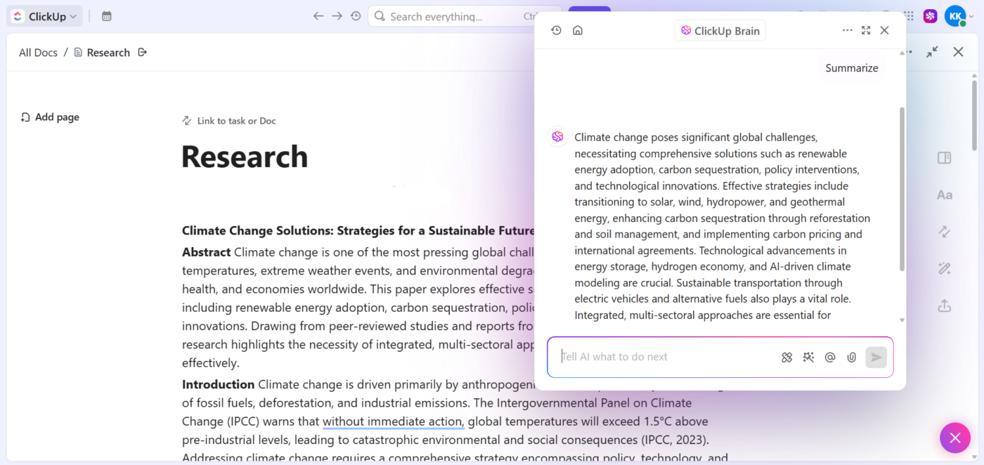 Summarize your research using ClickUp Brain