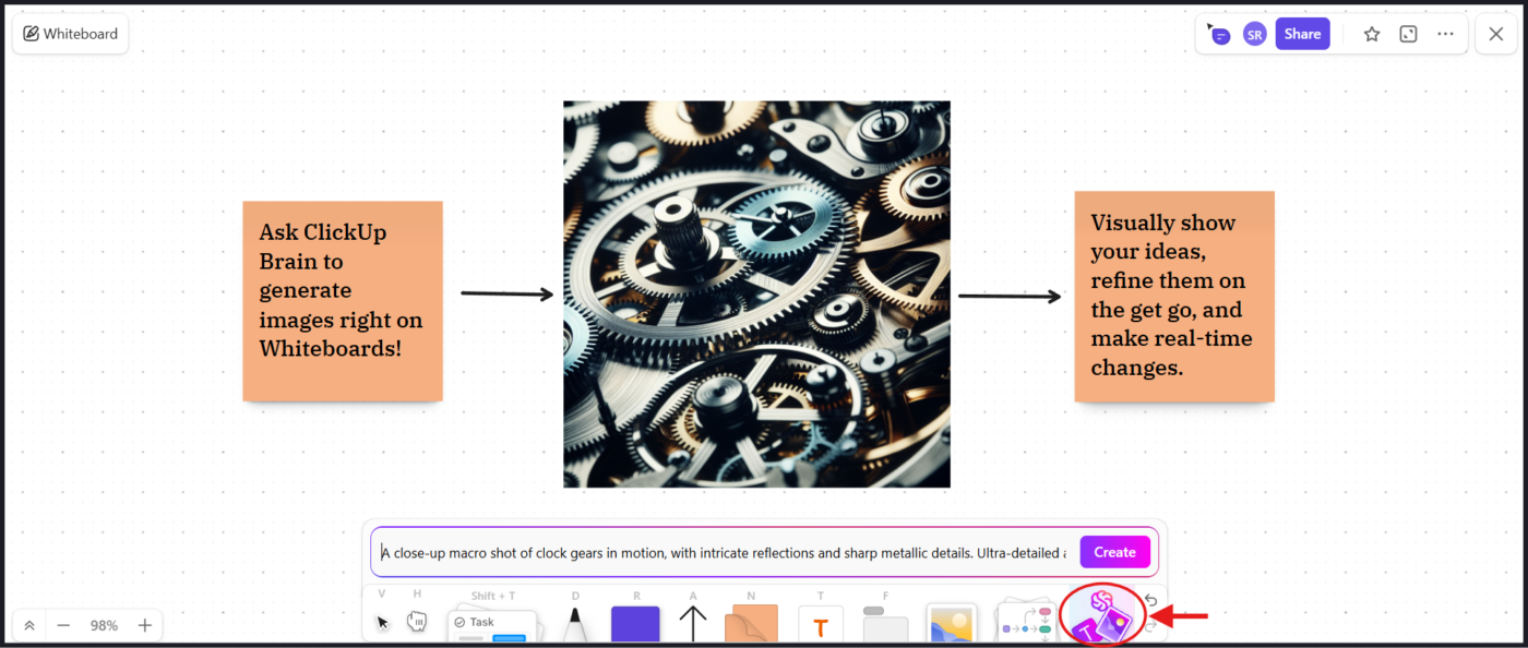 ClickUp Brain zintegrowany z Tablicami: Leonardo AI Podpowiedzi