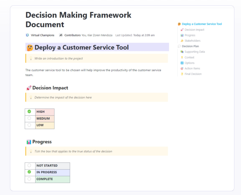 ClickUp Decision Making Framework Document Template : RAPID framework