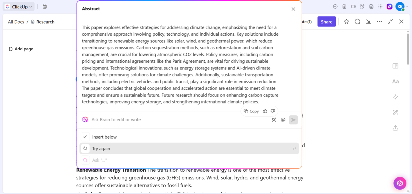 Ask ClickUp Brain to write abstracts for you within ClickUp Docs using slash commands