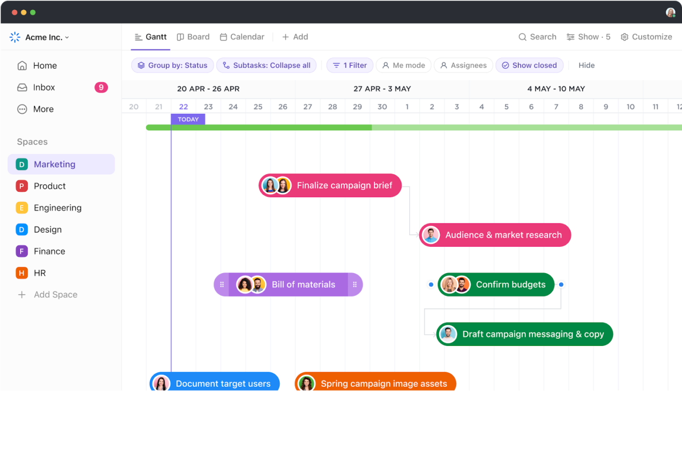 Plan and adjust projects visually with ClickUp Gantt Charts : fibery alternatives