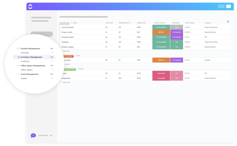 Stay on top of order quantities, costs, delivery statuses with ClickUp Inventory Management Templates