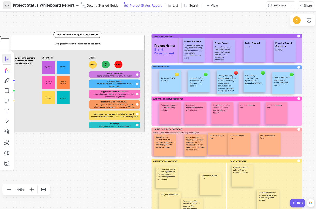 Project Status Whiteboard in ClickUp showing sections for project summary, progress, support needed, key takeaways, and next steps with color-coded sticky notes and templates.