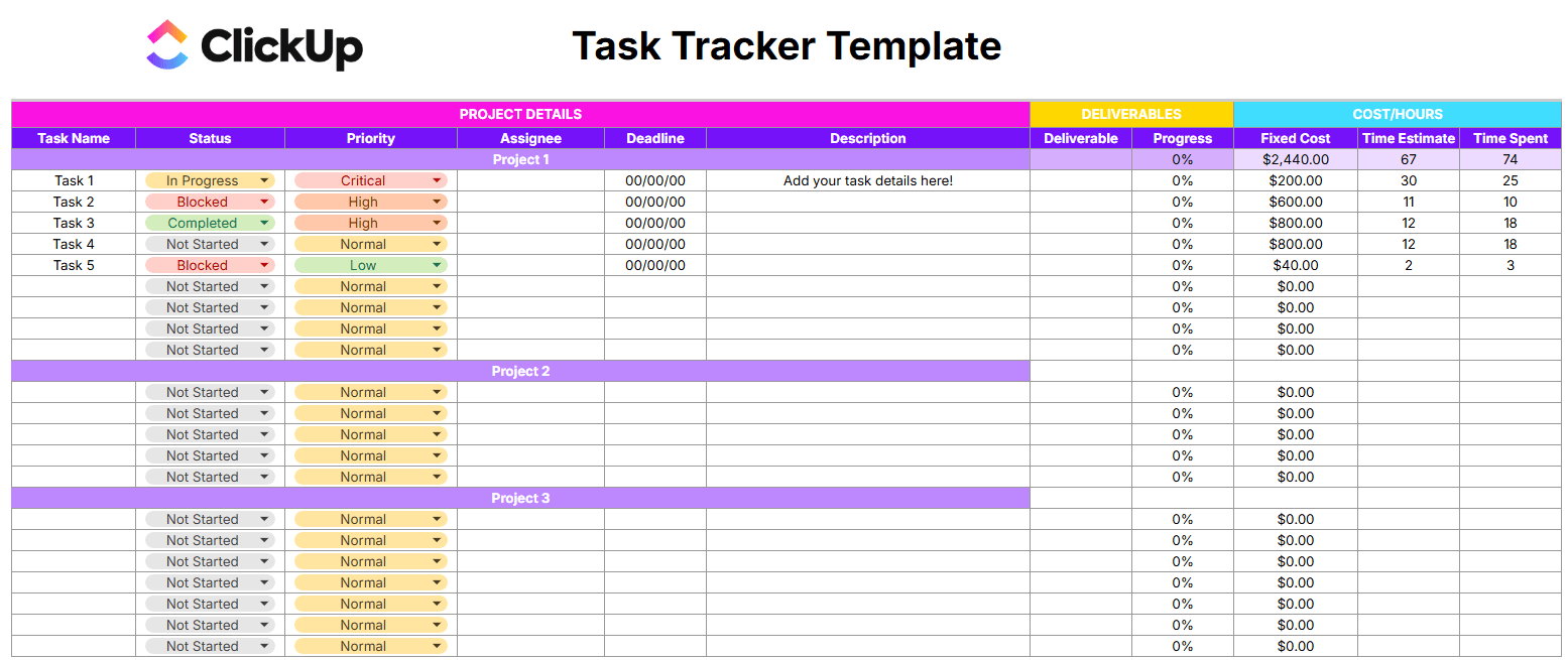 Organize your workflow using the Task Tracker Template by ClickUp