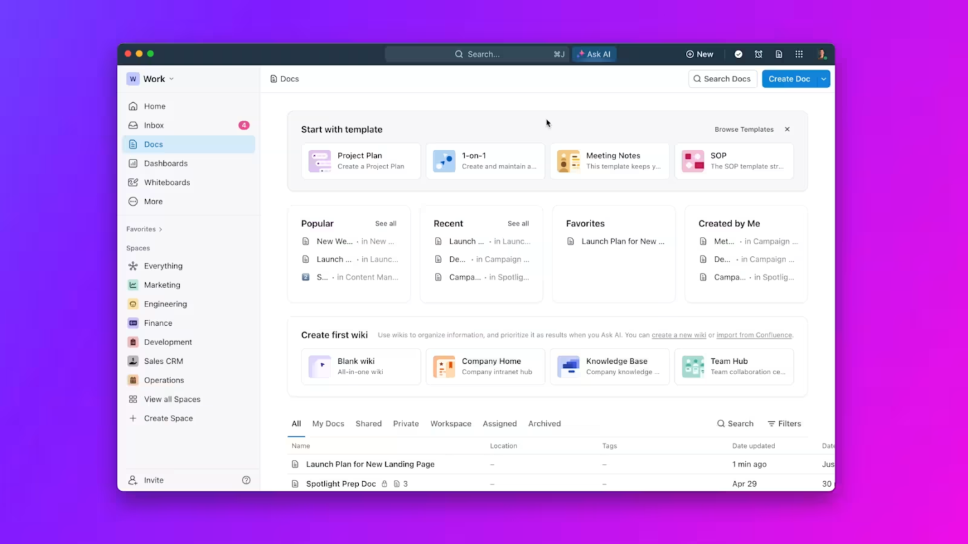 ClickUp provides an AI-powered, centralized knowledge hub that actively organizes, updates, and retrieves information across your workstation.