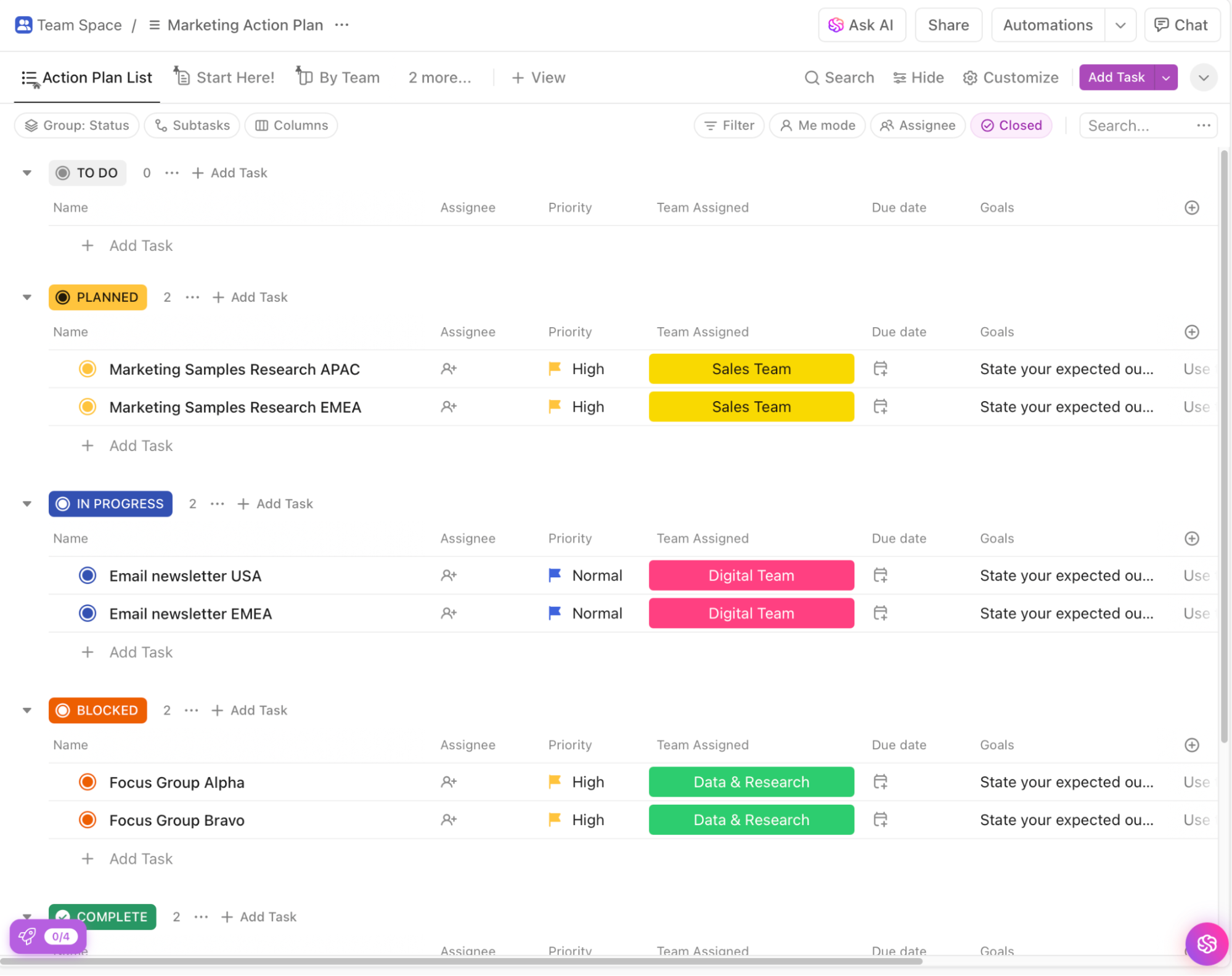 ClickUp’s Marketing Action Plan Template : How to Get Commercial Clients