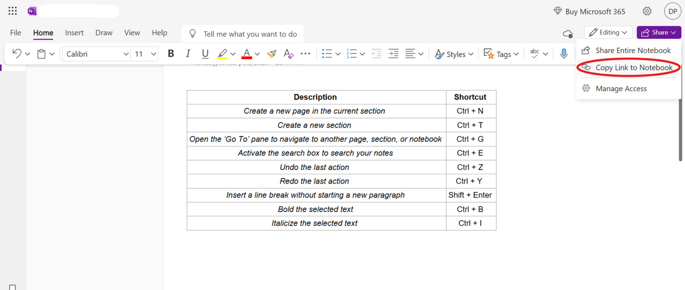 نسخ الرابط إلى دفتر الملاحظات: اختصارات onenote