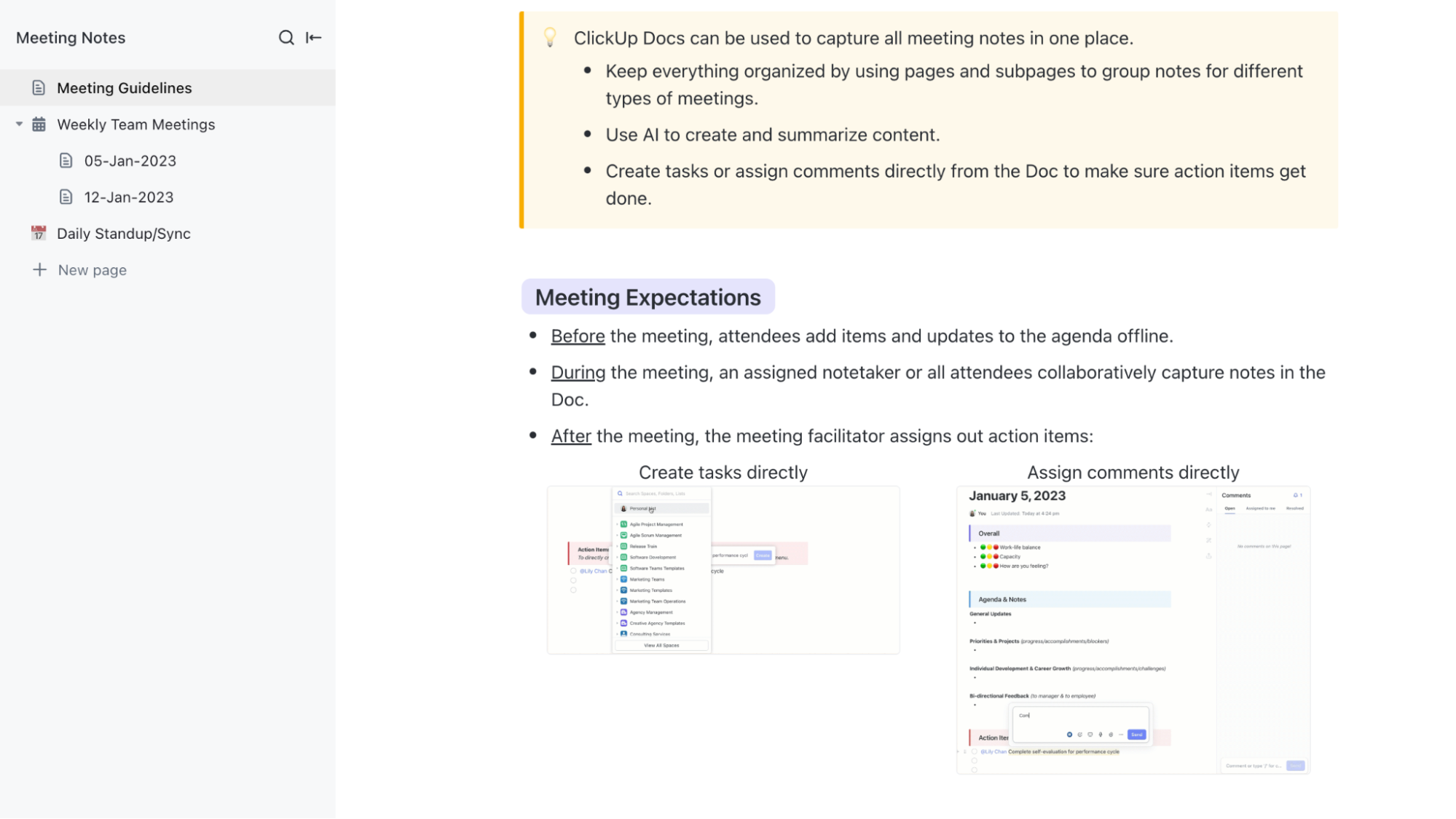 ClickUp Meeting Notes Templates: Create the perfect template shared notebook to organize ideas and follow-ups by topic