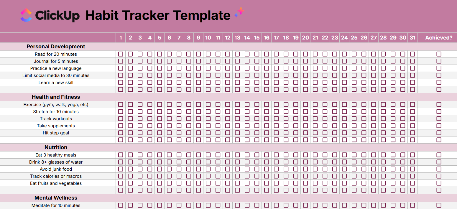 Build healthier routines one day at a time using the Habit Tracker Template by ClickUp