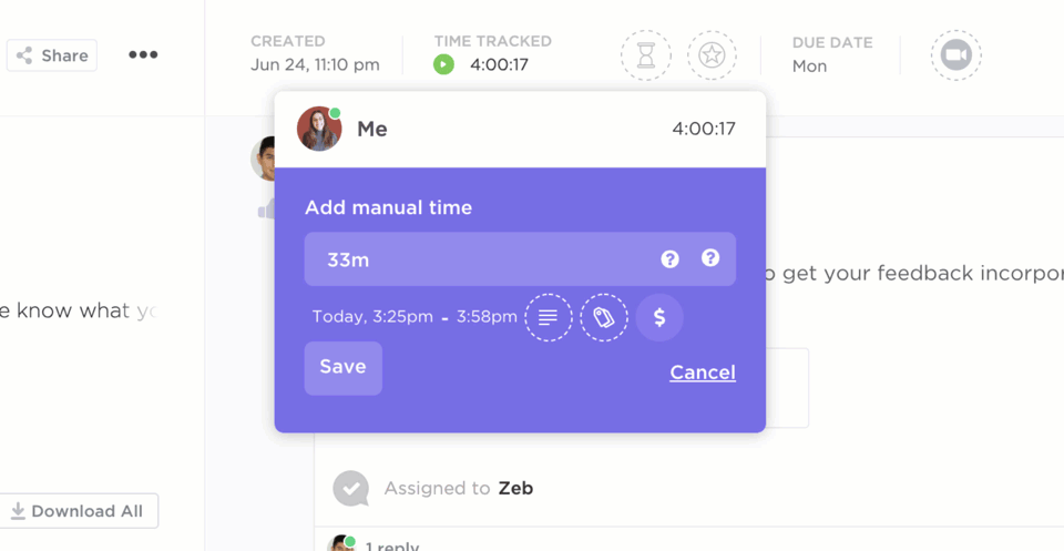 Log past work seamlessly with manual entries in ClickUp Time Tracking