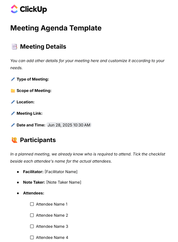 Plan, document, and follow up with ease using the Meeting Agenda Template by ClickUp