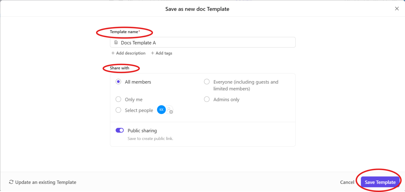 Name the template and add customizations : how to create a template in ClickUp