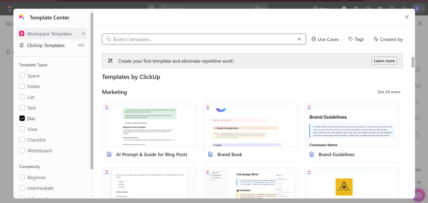 Pick one template from the Template Center : how to create a template in ClickUp